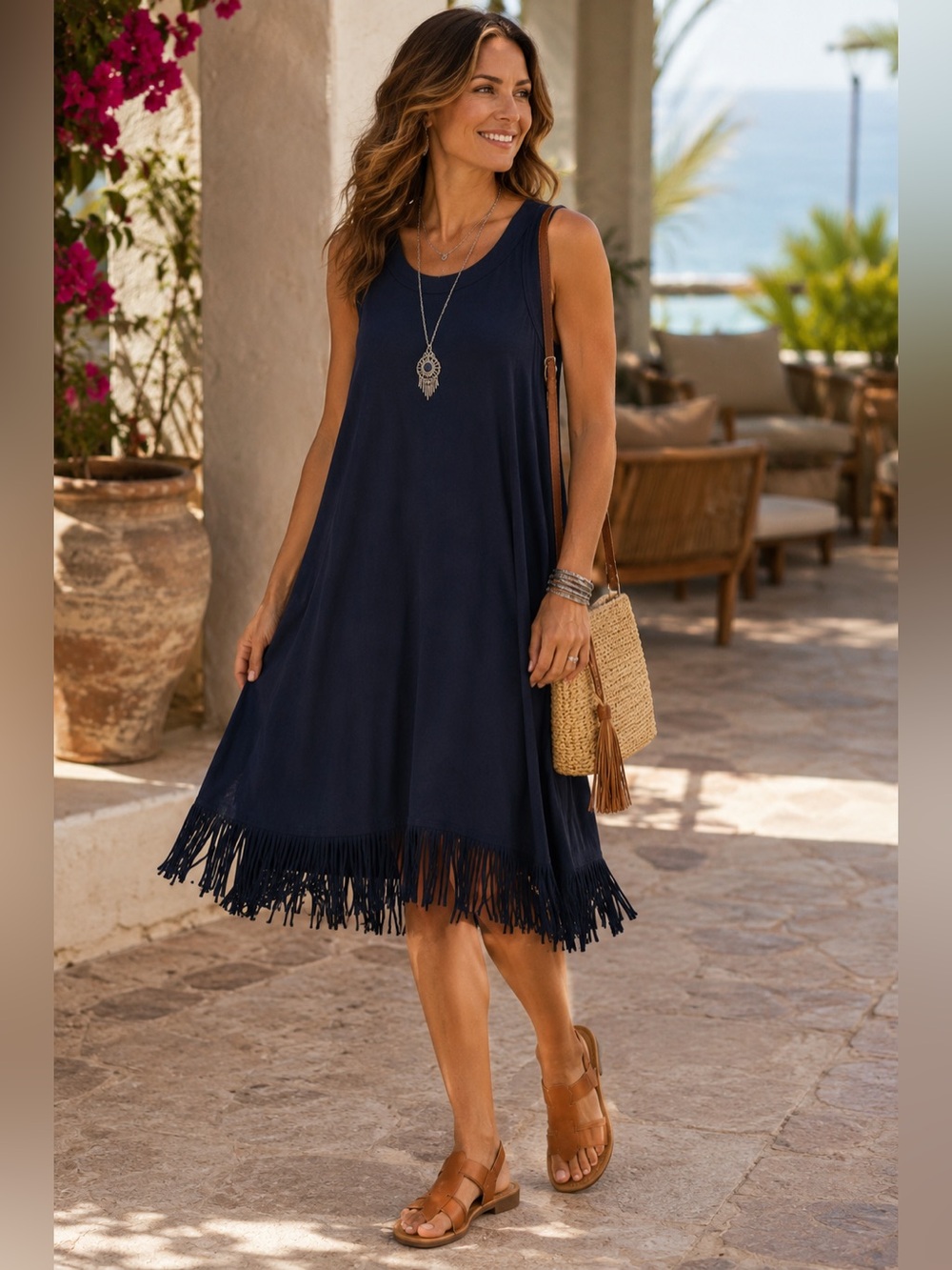 NWT Karen Kane Fringe Hem Sleeveless Dress Navy Blue Size S USA Made Boho